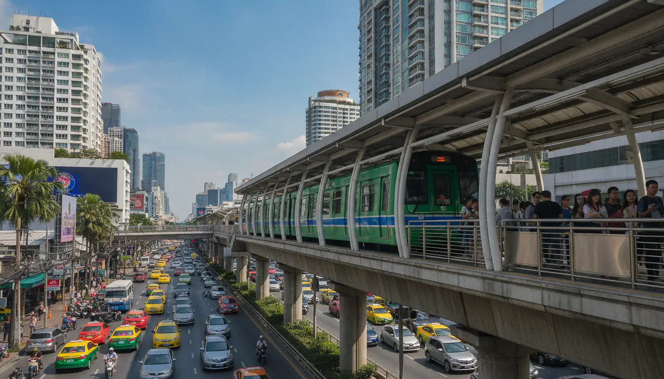 Station surélevée du BTS Skytrain à Bangkok avec rame verte sur le quai et skyline urbain