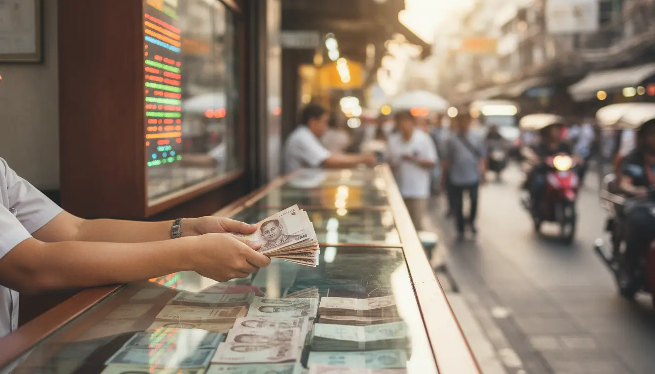 Comptoir de change de devises avec panneau de taux lumineux dans une rue de Bangkok