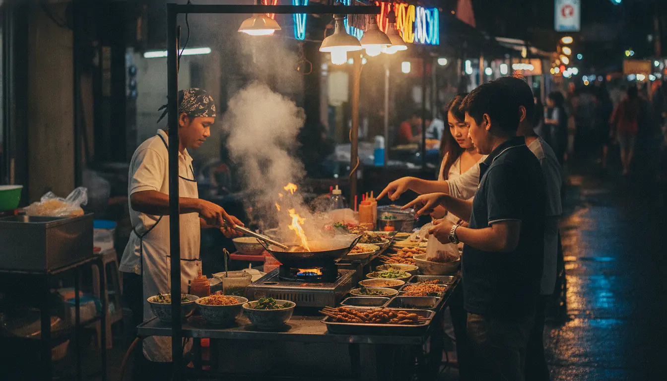 Étal de street food thaïlandais la nuit, vendeur cuisinant dans un wok fumant devant des clients qui commandent