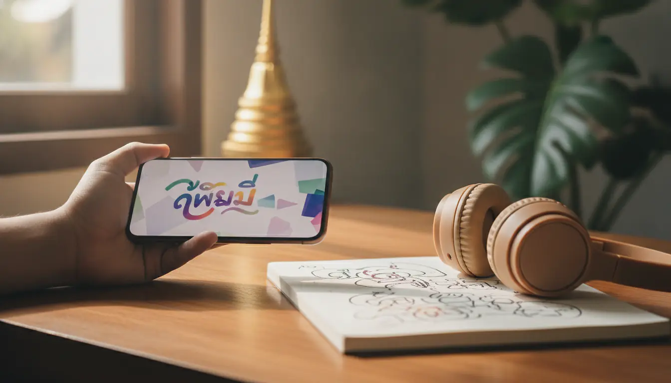 Smartphone affichant une application d'apprentissage du thaï avec alphabet et carnet de notes manuscrites