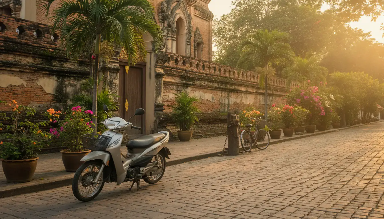 Scooter automatique garé dans une ruelle ensoleillée de la vieille ville de Chiang Mai
