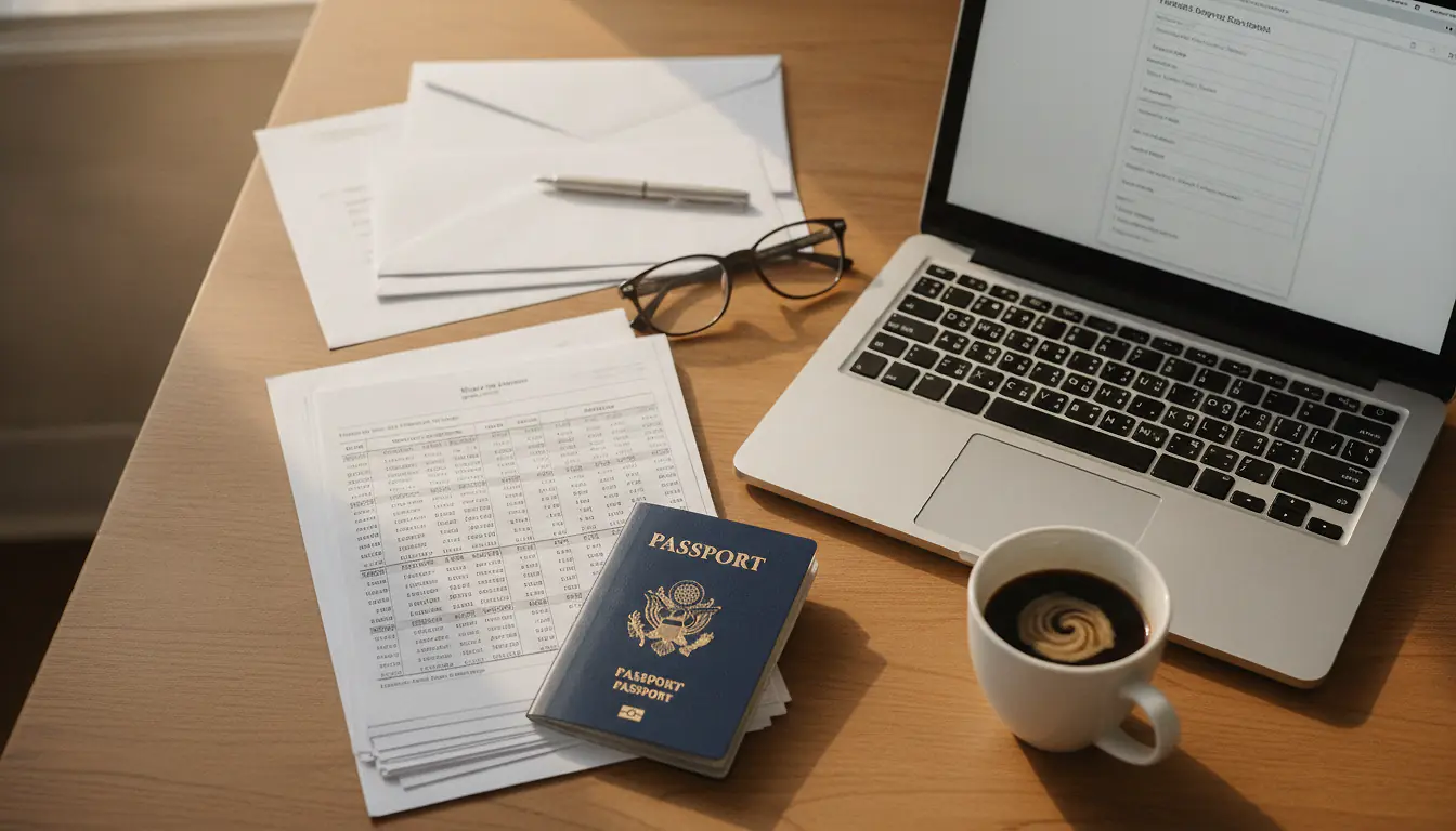 Bureau avec passeport, relevés bancaires et ordinateur pour préparer un dossier de visa