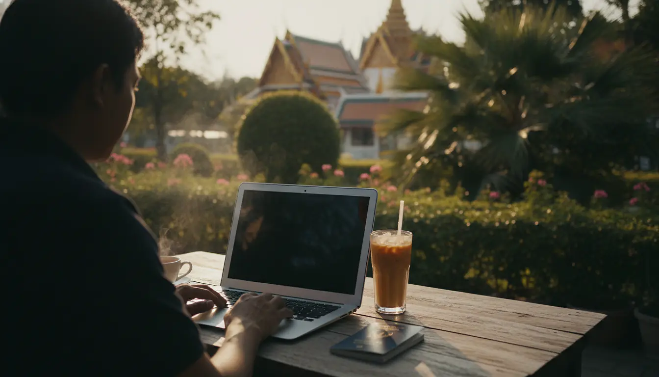 Voyageur en télétravail sur une terrasse en Thaïlande, passeport posé sur la table