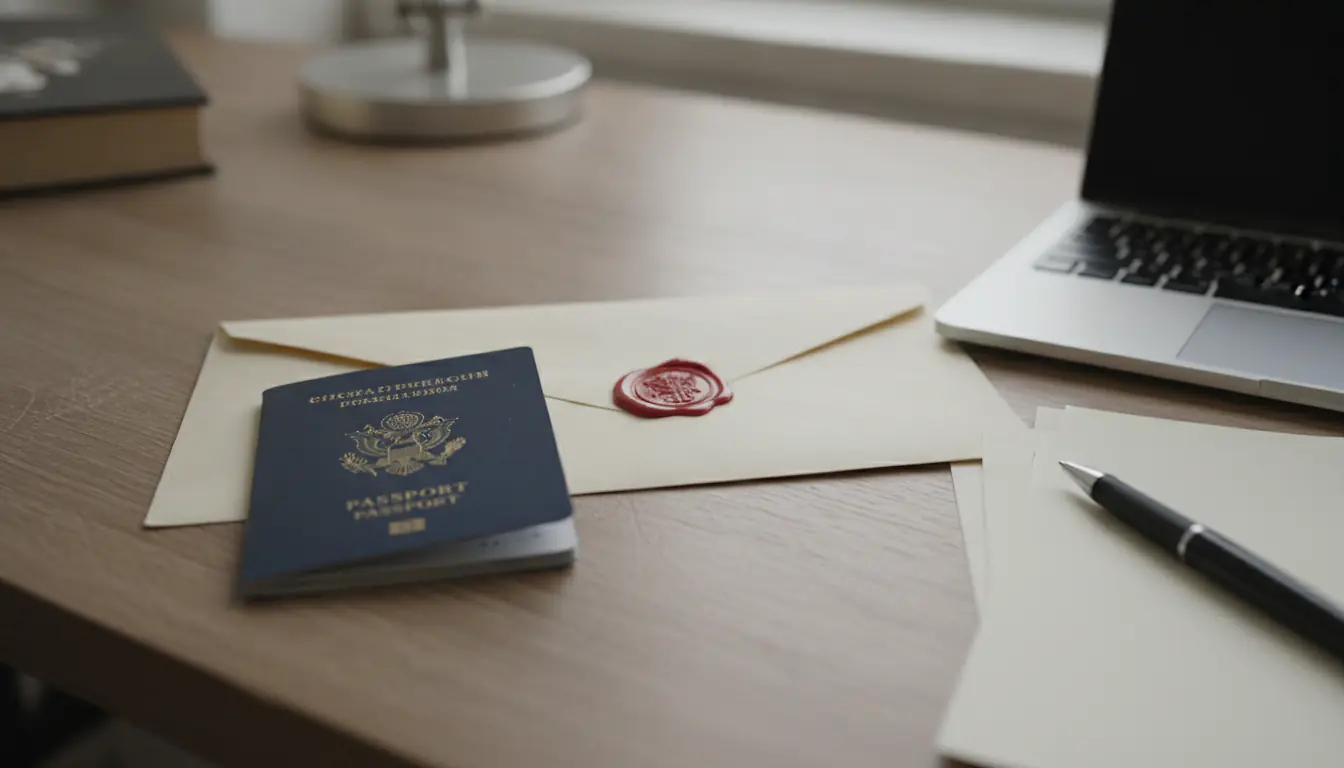 Passeport et enveloppe officielle posés sur un bureau, démarche de visa