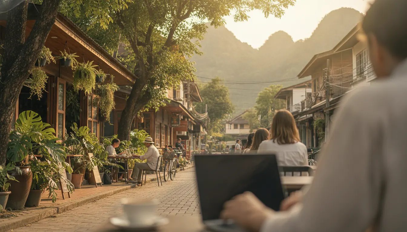 Rue de cafés du quartier Nimman à Chiang Mai, ambiance nomade et montagnes en fond